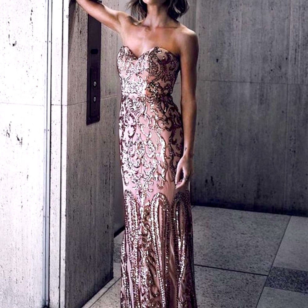🆕 Bariano Rebecca Rose Gold Strapless Sequin Maxi Dress- NWT